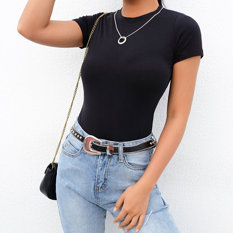 European And American Explosions T-shirt Women's 2020 Summer New Amazon Solid Color All-match Round Neck T-shirt Tight Short Sleeve Top Women