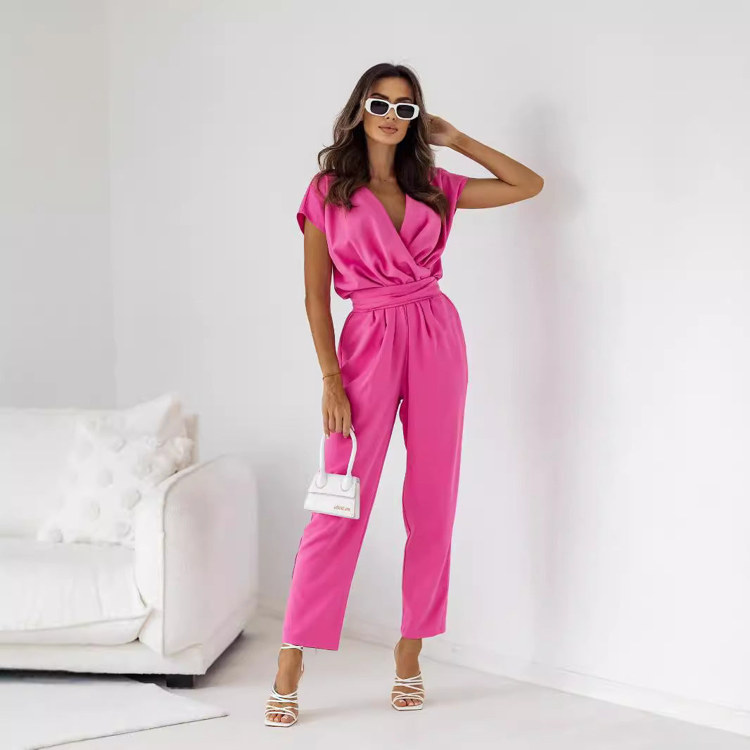 New Women's Solid Color Waist Lace-up V-neck Sleeve Pocket Jumpsuit