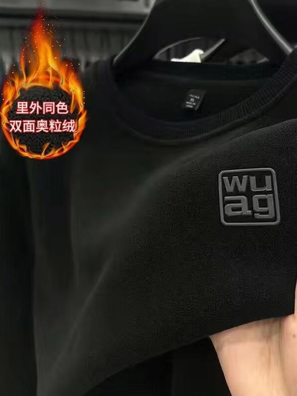 Foreign Trade Cut Label Double-sided Thickened Australian Grain Velvet Autumn And Winter Fleece-lined Top Men's Solid Color Casual Round Neck Fleece Sweat