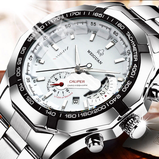 Men&#039;s Non-mechanical Watch Hollow Calendar Waterproof Luminous Stainless Steel Belt Simple Vibrato
