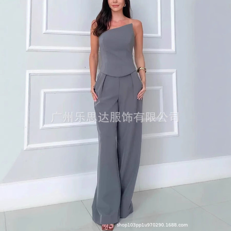 Women&#039;s Clothing High Waist Elegant Strapless Short Top High Waist Pocket Wide Leg Pants Suit Women