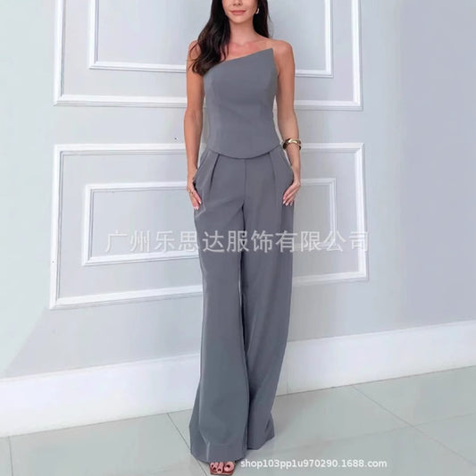 Women&#039;s Clothing High Waist Elegant Strapless Short Top High Waist Pocket Wide Leg Pants Suit Women