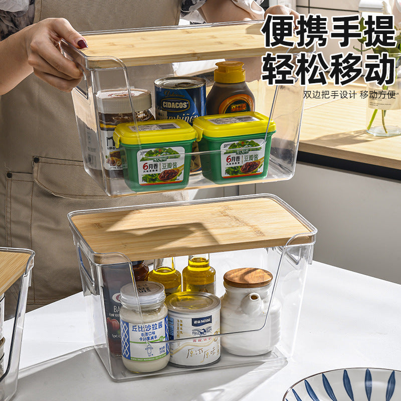 Household Desktop Storage Box Kitchen Table Seasoning Multifunctional Storage Box Transparent Large Wooden Lid Storage Box