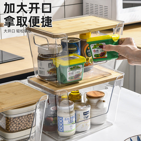 Household Desktop Storage Box Kitchen Table Seasoning Multifunctional Storage Box Transparent Large Wooden Lid Storage Box